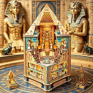 Op de afbeelding: Een houten piramidestructuur met meerdere niveaus, voorzien van ingewikkeld Egyptisch houtsnijwerk, verlichte binnenkamers met miniatuurfiguren en de tekst "LIFE ETERNAL" en "JOURNEY TO GIZA" gedrukt op de basis van het object.