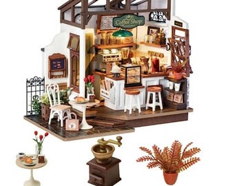 DIY Miniature Coffee Shop Dollhouse Kit: LED Lights & Accessories
