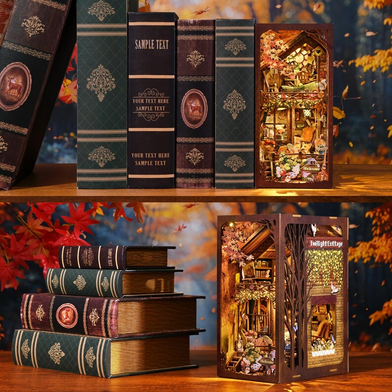May include: A collection of decorative wooden bookends and a book nook. The bookends are designed to resemble antique books with ornate details. The book nook features a miniature cottage scene with intricate cutouts and warm lighting. The text "Twilight Cottage" is visible.