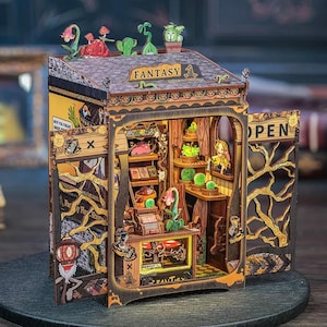 DIY Fantasy Plant Shop Book Nook Kit - Miniature Wooden Dollhouse Bookshelf Insert with Light, 3D Puzzle Decor & Unique Gift Idea