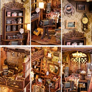 May include: A miniature dollhouse with a detailed interior, featuring a vintage camera shop with shelves of cameras, books, and other antique items. The dollhouse is made of wood and has a realistic design.