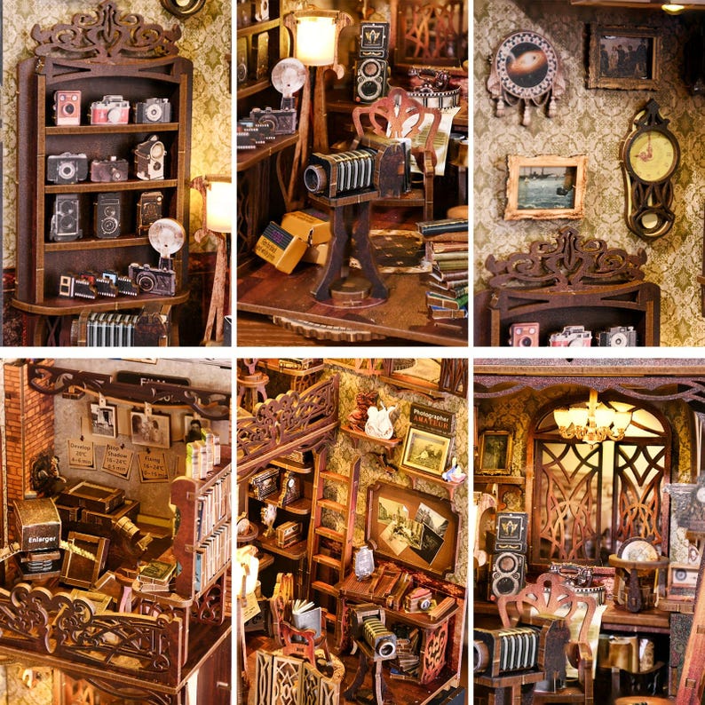 May include: A miniature dollhouse with a detailed interior, featuring a vintage camera shop with shelves of cameras, books, and other antique items. The dollhouse is made of wood and has a realistic design.