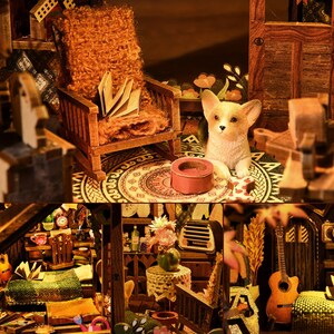 May include: A miniature dollhouse scene with a wooden armchair, a small dog figurine, and a decorative rug. The scene includes a small red container and a partially visible door. The overall color palette is warm, with shades of brown and orange.