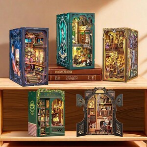 DIY Miniature Wooden Dollhouse Bookstore Book Nook - Light-Up Bookshelf Insert Kit for Decor & Gifts