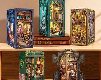 DIY Miniature Wooden Dollhouse Bookstore Book Nook - Light-Up Bookshelf Insert Kit for Decor & Gifts