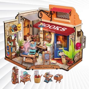 DIY Miniature Corner Bookstore Dollhouse Kit with LED Lights