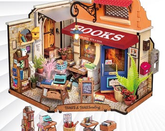 DIY Miniature Corner Bookstore Dollhouse Kit with LED Lights