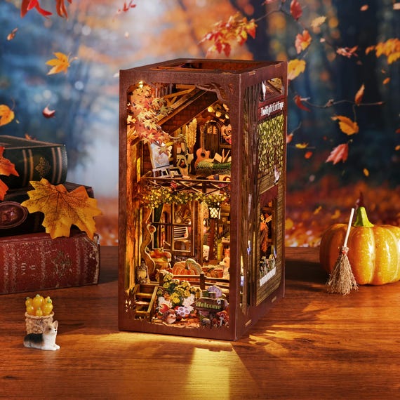 Twilight Cottage Book Nook Kit: 3D Wooden Bookshelf Insert with LED