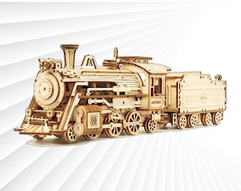 May include: A detailed wooden model of a steam train, featuring intricate cut-out designs. The model includes a locomotive, tender, and multiple wheels. The natural wood color highlights the craftsmanship. The train model is a classic toy or decorative item.