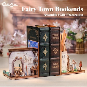 DIY Fairy Town 3D Bookends Book Nook Kit - Wooden Dollhouse Bookshelf Insert, 3D Puzzle Decoration & Unique Gift Idea