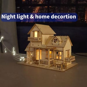 DIY 3D Wooden Sweet Home Music Box Dollhouse Kit - Miniature Model with LED Night Lights & Craft Building Set