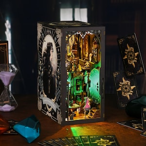Tarot Divination Society DIY Magic Book Nook Miniature Kit - 3D Wooden Puzzle Bookshelf Insert for Adults & Teens, Ideal Gift and Home Décor