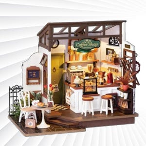DIY Wooden Dollhouse Kit: Miniature Coffee Shop with LED Lights