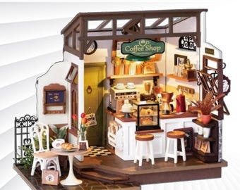 DIY Wooden Dollhouse Kit: Miniature Coffee Shop with LED Lights