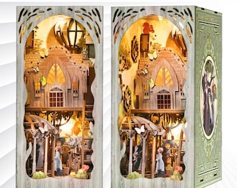 DIY Book Nook Kit: 3D Wooden Dollhouse Bookshelf Insert with LED Lights