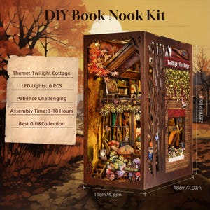 May include: A DIY Book Nook Kit with a Twilight Cottage theme. The miniature scene includes a detailed cottage with LED lights, measuring 4.33 inches wide, 7.09 inches long, and 9.05 inches high. Assembly time is 8-10 hours.