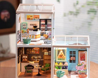DIY Mini Dollhouse Kit: Fruit Shop, Coffeehouse, Supply Store with LED Lights