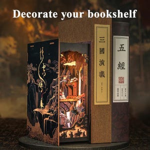 DIY Legend of Wukong Book Nook Kit - 3D Puzzle Miniature Dollhouse Bookshelf Insert with Light and Dust Cover, Unique Decor & Gift Idea