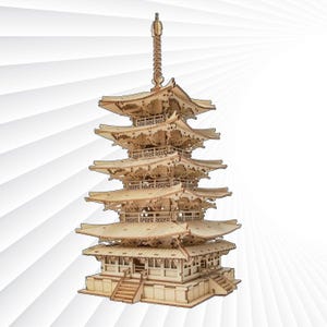 Juego de rompecabezas de pagoda de cinco pisos de madera en 3D: modelo de construcción artesanal para niños y adultos, idea de regalo única