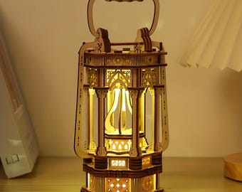 3D Wooden Vintage Lantern Puzzle Kit: Rotating LED Desk Decor