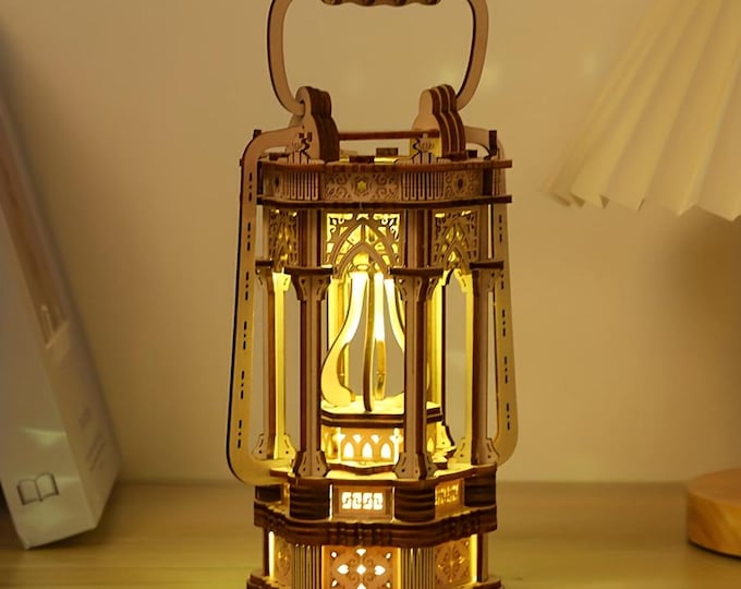 3D Wooden Vintage Lantern Puzzle Kit: Rotating LED Desk Decor