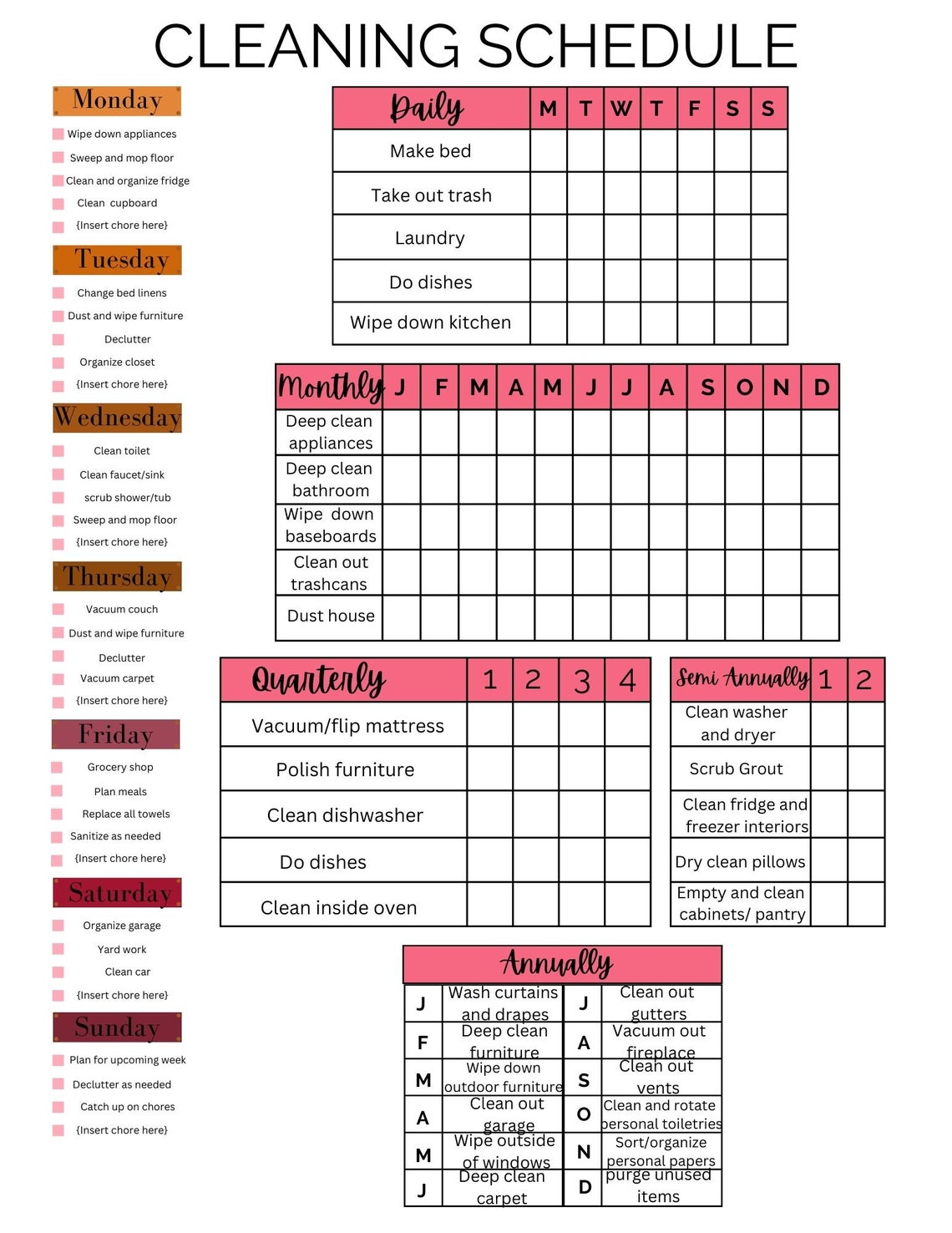 EDITABLE Cleaning Schedule | Checklist | Cleaning Planner | Printable ...