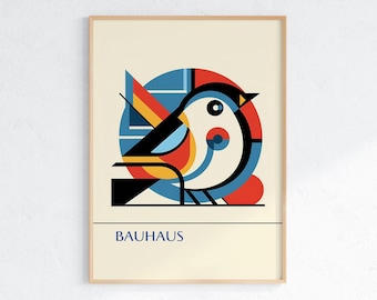 Kolorowy plakat z ptakami Bauhaus, abstrakcyjna sztuka ścienna do druku w stylu Mid Century Modern