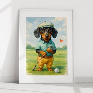 Póster artístico de golf con perro salchicha, arte mural para amantes de los perros juguetones (descarga digital)