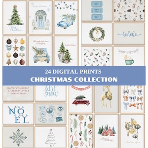 May include: A set of 24 digital Christmas prints with festive illustrations. The prints showcase watercolour images of Christmas trees, vintage cars, ornaments, and seasonal text such as "Noel" and "Merry Christmas." A variety of holiday-themed artwork.