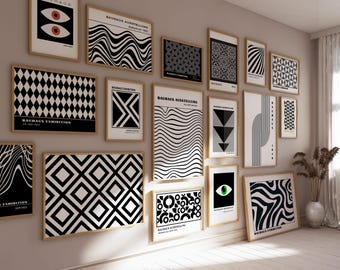 Ensemble de 60 affiches abstraites Bauhaus en noir et blanc, style moderne du milieu du siècle, à imprimer.