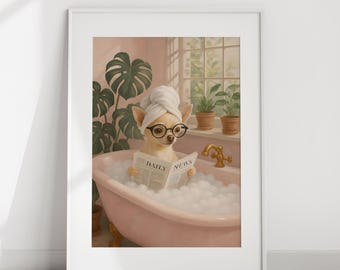 Funny Chihuahua in Bubble Bath Poster: Pink Quirky Bathroom Wall Art Digital Download Print
