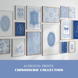 Op de afbeelding: Een collectie van 16 digitale prints in Chinoiserie-stijl. De prints tonen verschillende blauw-witte botanische en patroonontwerpen, waaronder bloemmotieven, vogels en decoratieve elementen, ingelijst in verschillende maten en stijlen.