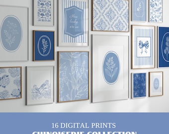 Blue Chinoiserie Wall Art Set of 16 Prints: Grandmillennial Posters Digital Download