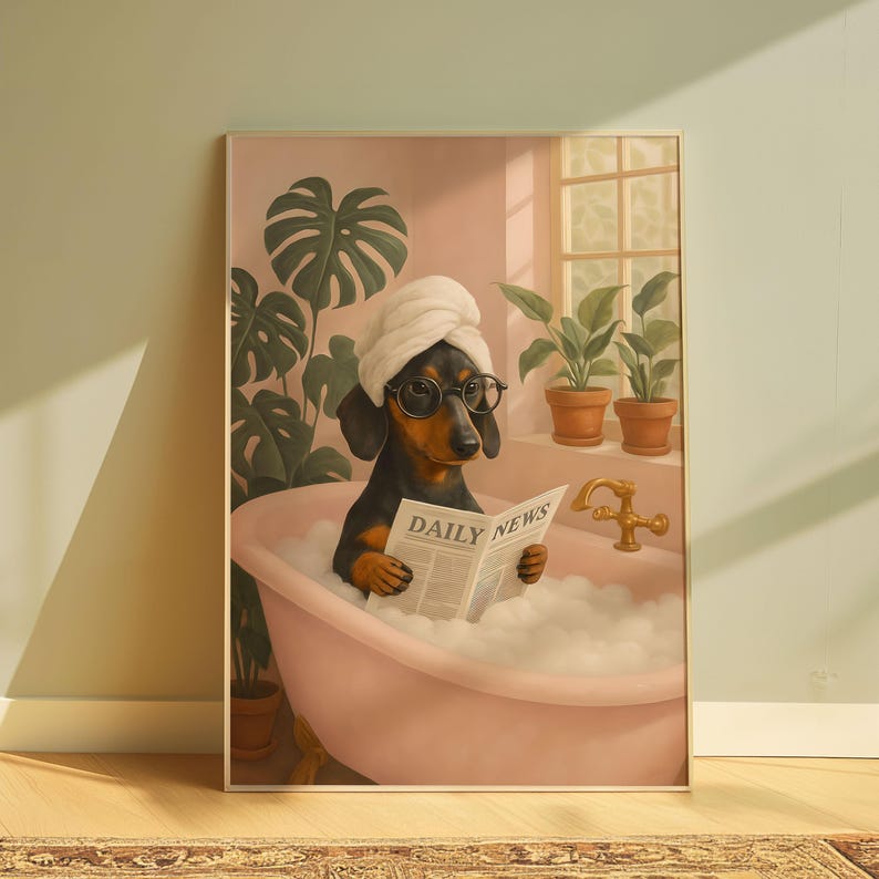 May include: Framed art print featuring a dachshund in a bathtub, wearing glasses and a towel on its head, reading a newspaper. The newspaper reads "DAILY NEWS". The dog is in a pink bathtub filled with bubbles, with plants in the background.