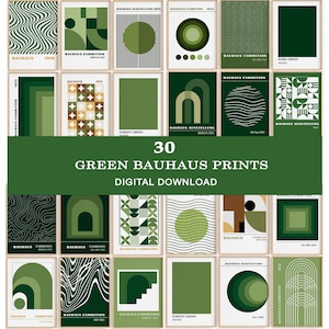 30 trendige grüne Bauhaus Ausstellungsposter. Mid Century Modern Wandkunst. Abstrakte abstrakte Wandkunst. Digital Download Drucke