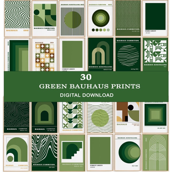 30 trendige grüne Bauhaus Ausstellungsposter. Mid Century Modern Wandkunst. Abstrakte abstrakte Wandkunst. Digital Download Drucke