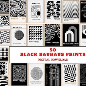 Set di 50 poster in bianco e nero della mostra Bauhaus. Arte murale moderna di metà secolo. Arte murale eclettica astratta alla moda. Download digitale.