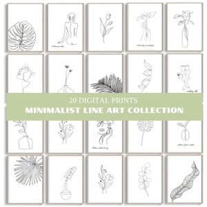 May include: A set of twenty framed digital prints showcasing minimalist line art. The collection includes botanical illustrations, abstract figures, and simple line drawings in black and white. The prints feature a variety of subjects and styles.