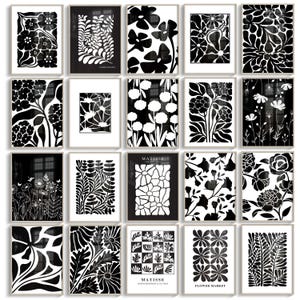Impressions de marché aux fleurs en noir et blanc - Lot de 20 affiches murales de galerie inspirées de Matisse - Esthétique florale moderne à téléchargements numériques