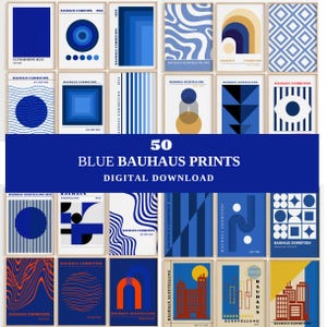 Conjunto megapacote de pôsteres de exposição Bauhaus em azul moderno com 50 unidades. Arte de parede moderna de meados do século. Impressões digitais abstratas para download.