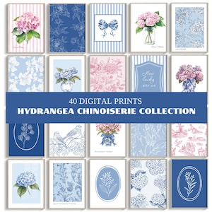 May include: A collection of 40 digital prints featuring hydrangea and chinoiserie themes. The artwork displays various blue and pink floral patterns, botanical illustrations, decorative bows, and birds, with text reading 40 DIGITAL PRINTS HYDRANGEA CHINOISERIE COLLECTION.