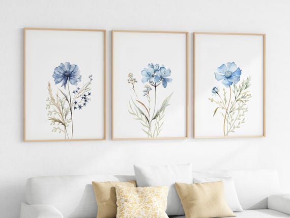 Blue Wildflower Prints: Boho Botanical Wall Art Digital Download