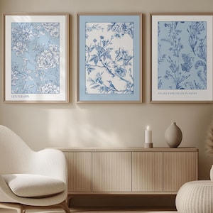 Könnte beinhalten: Drei gerahmte Drucke mit blauen und weißen Blumenmustern. Die Drucke hängen an einer hellbeigen Wand. Der linke Druck lautet "Les Fleurs" unten. Der mittlere Druck hat einen Vogel in der Mitte. Der rechte Druck lautet "Jolies Especes de Plantes" unten.