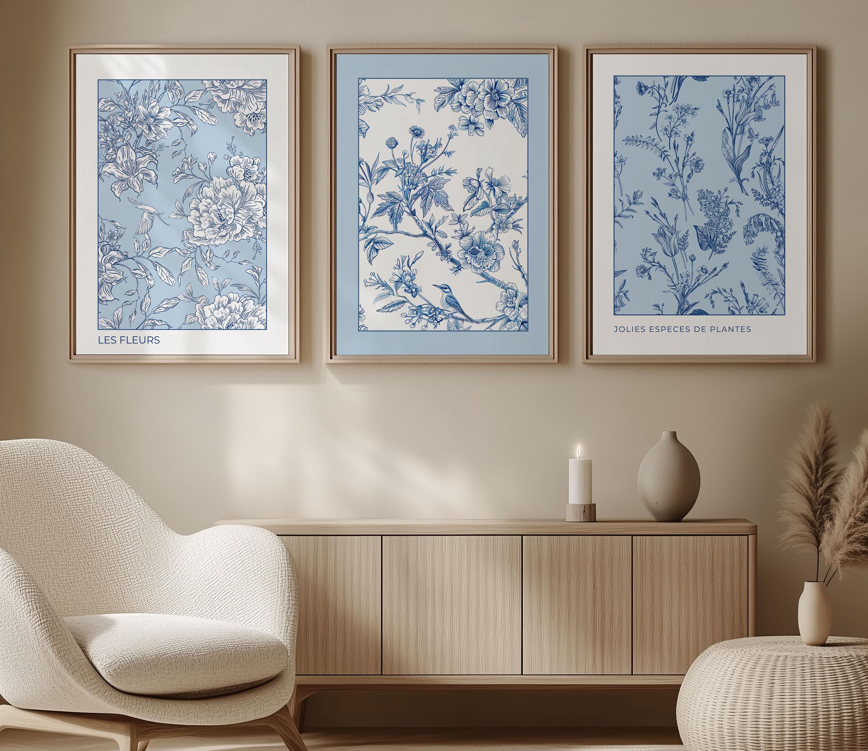 Arte de parede Chinoiserie Vintage Azul Claro de 3 peças – Decoração acima da cama – Download digital estético Coquette