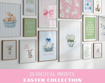 Easter Printable Wall Art Set of 20 Prints: Easter Eggs & Bunny, Flowers Spring Posters