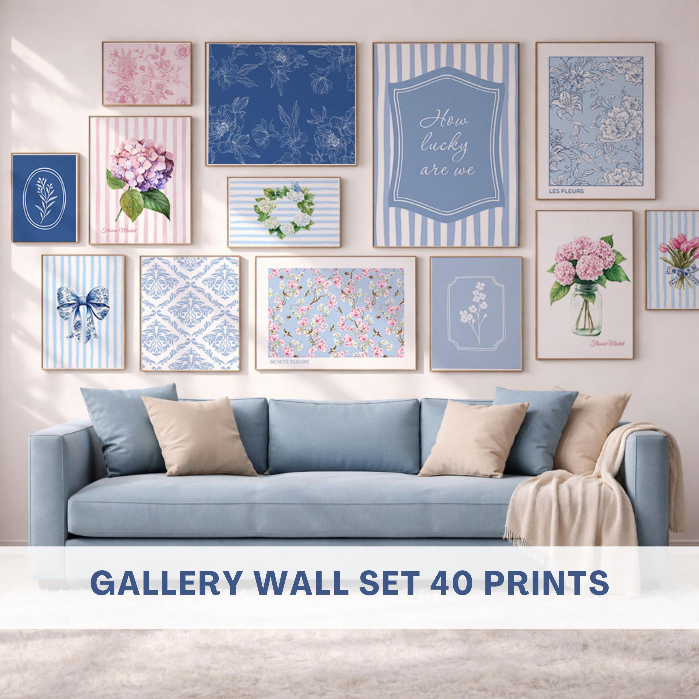 Blue and Pink Hydrangea Chinoiserie Wall Art Set of 40 Prints ...