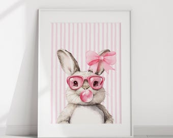 Pink Bunny Art Print - Coquette Bubble Gum Decor Digital Download