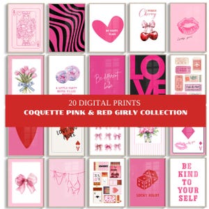 Pink & Red Coquette Girly Wall Set of 20 - Dopamine College Dorm Aesthetic - Preppy Wall Art Prints - Digital Download Posters