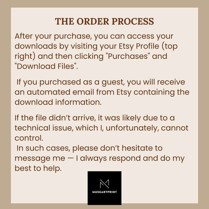 May include: A beige graphic with the text "THE ORDER PROCESS" and instructions on how to download files after purchase. The MuseArtPrint logo is at the bottom. The text explains how to access downloads on Etsy.
