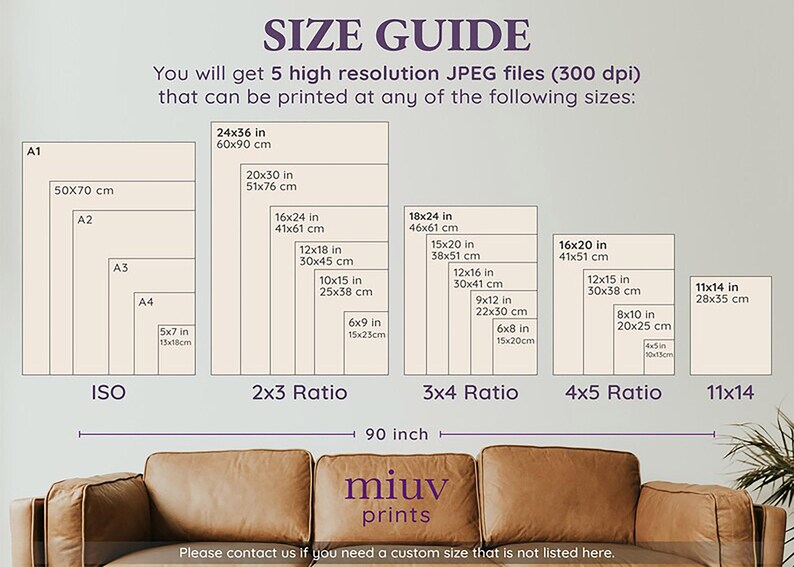 May include: Size guide graphic with various print sizes, including 24x36 in, 20x30 in, and 16x24 in. The guide also lists sizes in cm, such as 50x70 cm and 60x90 cm. The graphic includes the text "miuv prints".